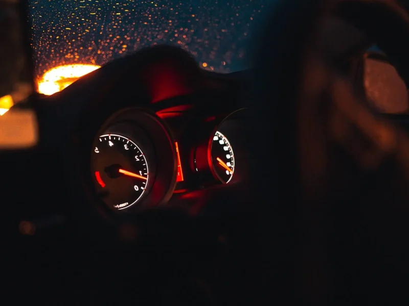 Diesel dashboard warning lights lit at night