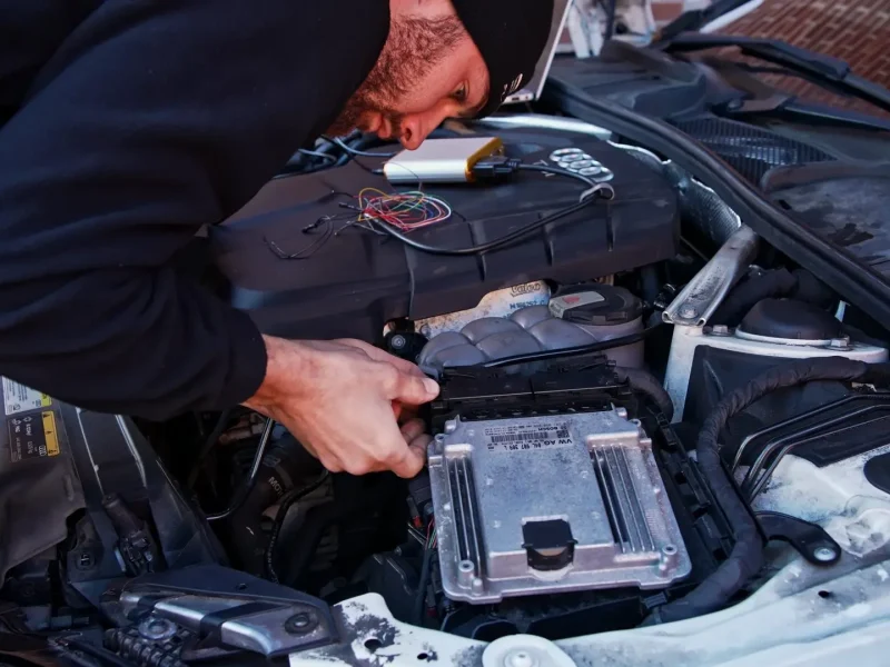 Technician working on a vehicle ECU under the bonnet