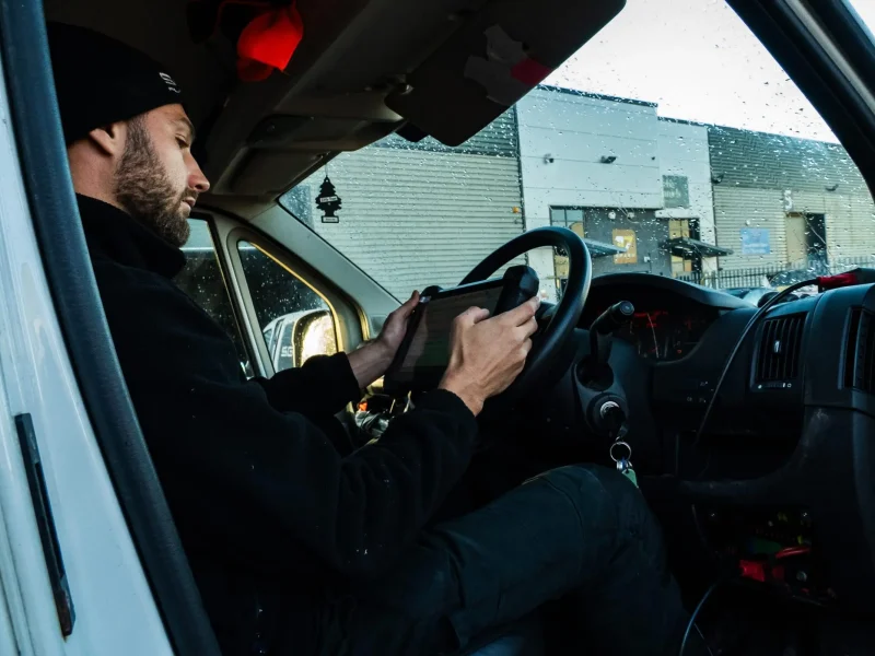 Technician working from a laptop in the driver's seat of a van